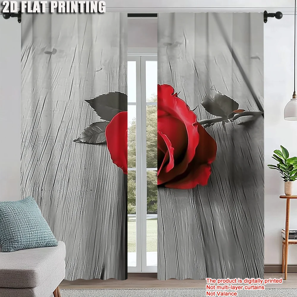 

2Pcs Art Decor Romantic Red Rose Window Curtains Valentine'S Day Dreamy Decorative Drapes Machine Washable For Bedroom And