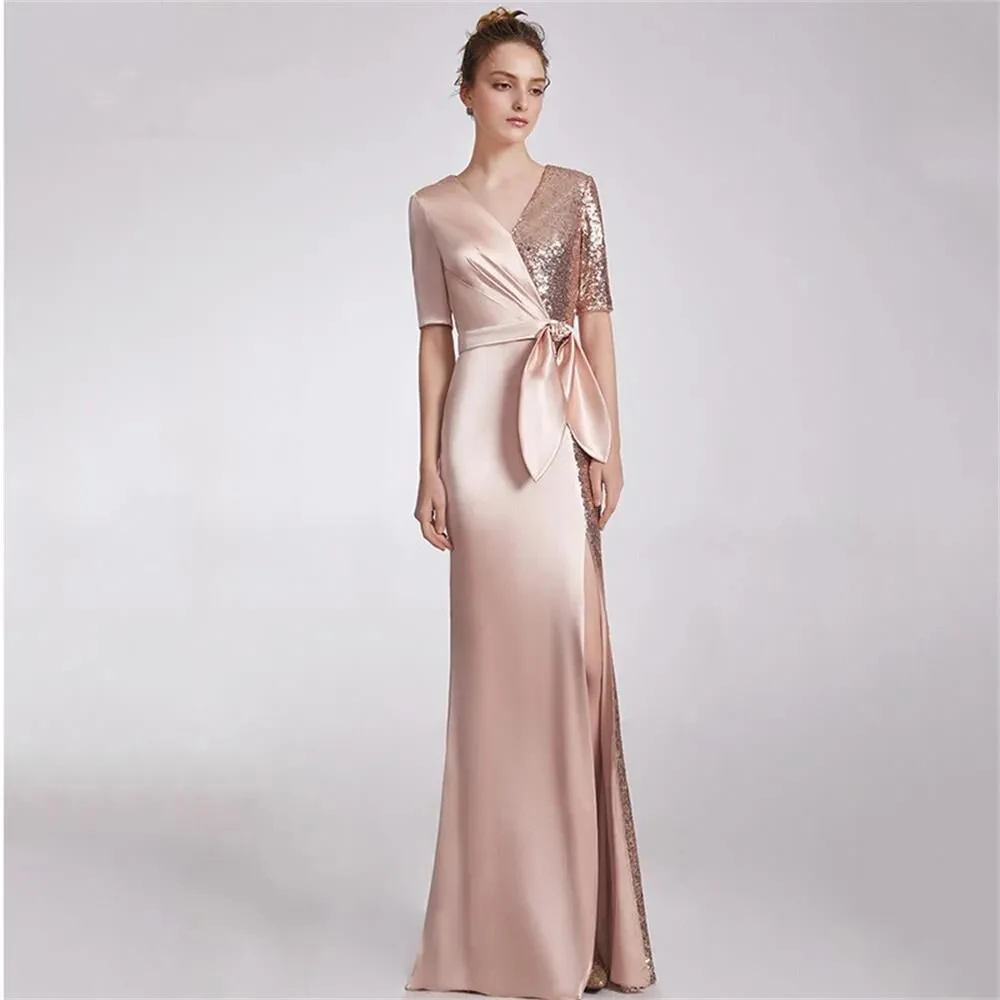 

Customized Elegant Evening Dresses V-neck Short Sleeve Floor-Length Mermaid Slit Prom Dresses Wedding Cocktail Party Ball Dress