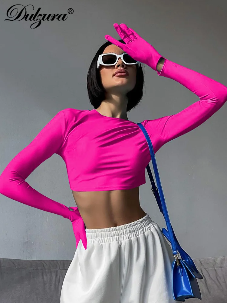 Dulzura Cotton T Shirt Crop Top Long Sleeve With Gloves 2023 Summer Sexy Women Tshirt Skinny Solid Drop Shipping Wholesale