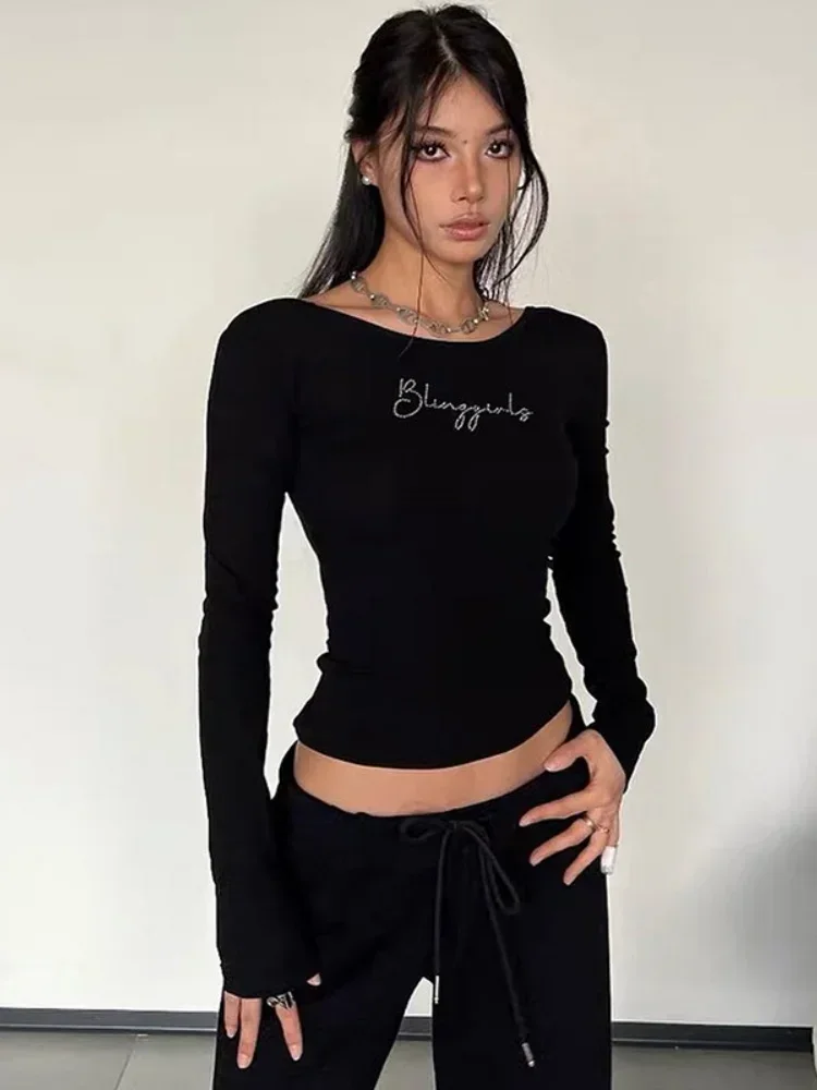 

Letters Drilling T Shirts For Women Clothing Black Crop Top Long Sleeve Pullover Y2k Accessories Off Shoulder Ropa De Mujer