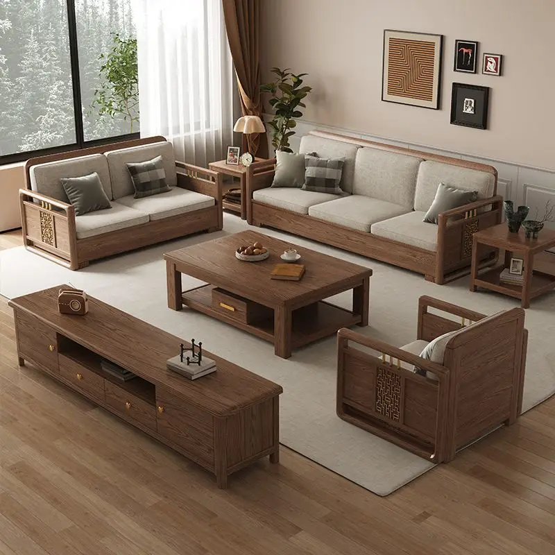 Modern simple ash wood solid wood sofa combination living room size apartment high box storage four-person fabric sofa