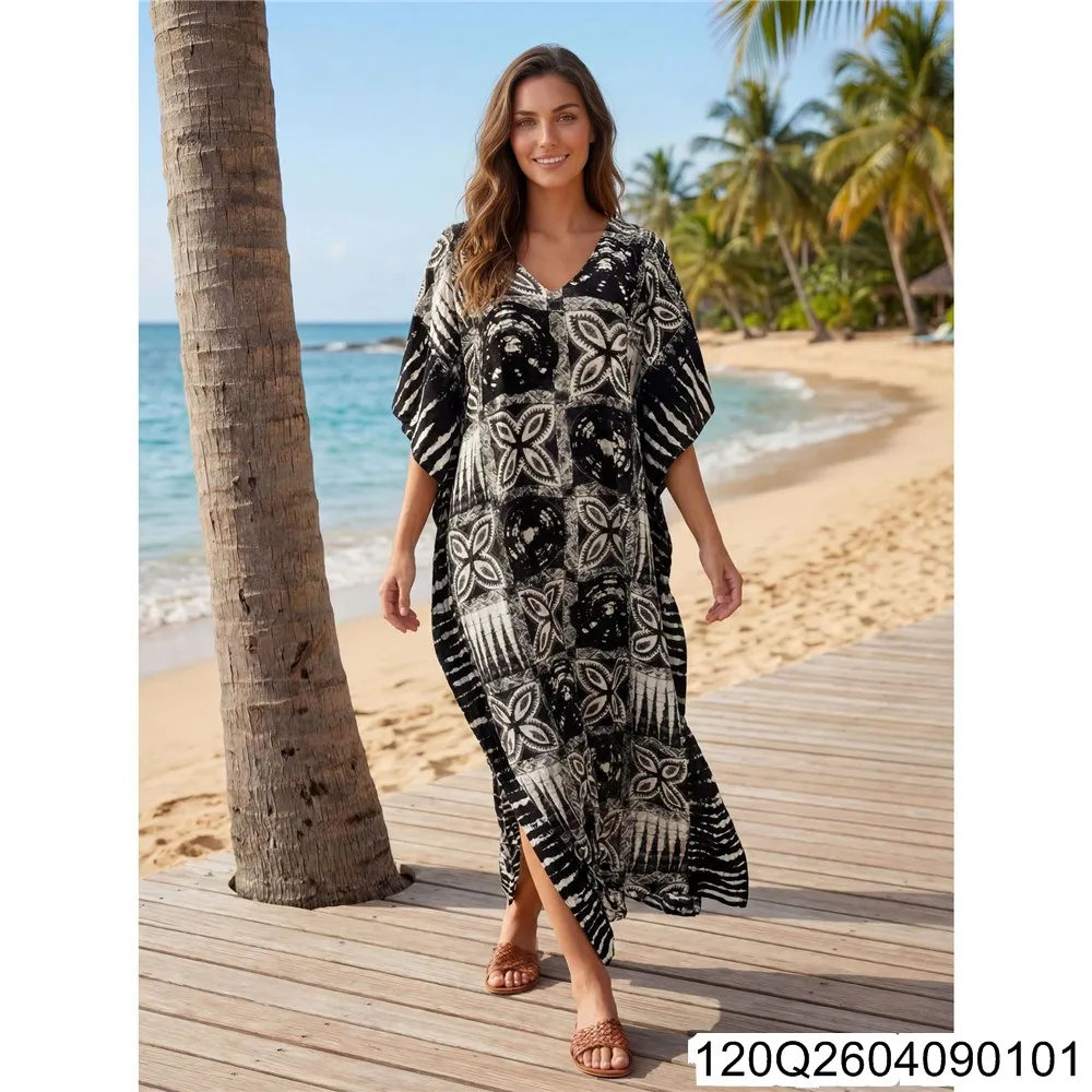 2026 New New Beach Smock, Cotton Positioning Printed Smock, Long Robe Bikini Sun Protection Shirt 120Q26040901