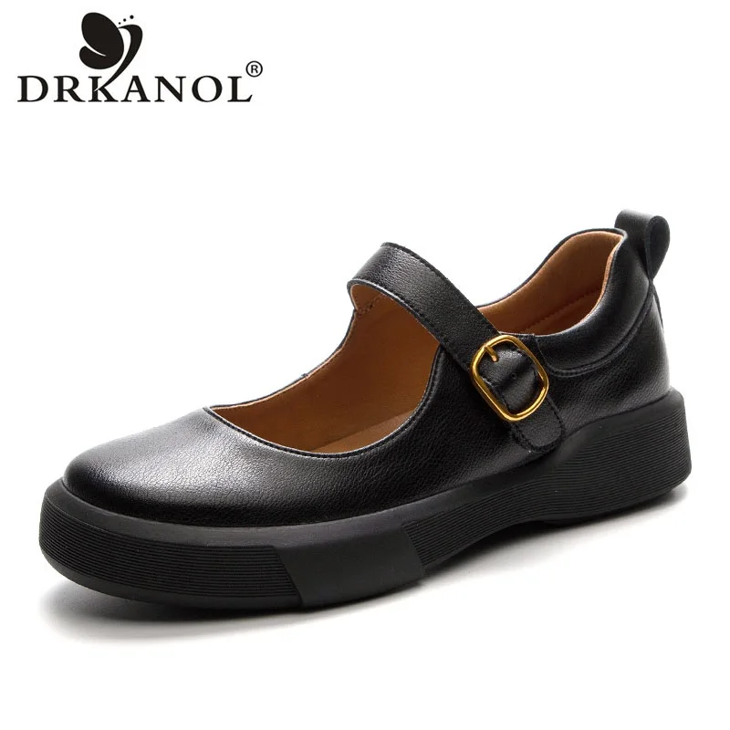 DRKANOL 2024 Shallow Loafers Women Casual Mary Janes Flat Shoes Ladies Real Cowhide Buckle Strap Single Shoes Big Size 35-43