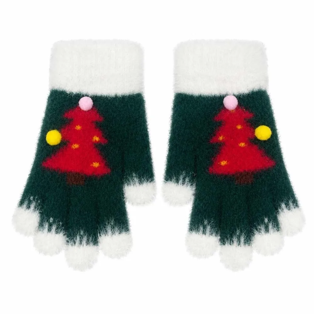 Red Green Christmas Gloves Knitted Woolen Plush Cuff Winter Knit Mittens Thick Lining Elastic Wrist Touchscreen Full Finger