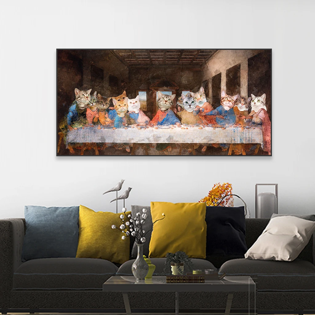 Renaissance  Last Supper Prints Tabby Cat Art Poster Vintage Cats Animal Canvas Painting Prints Funny Dinning Room Decoration