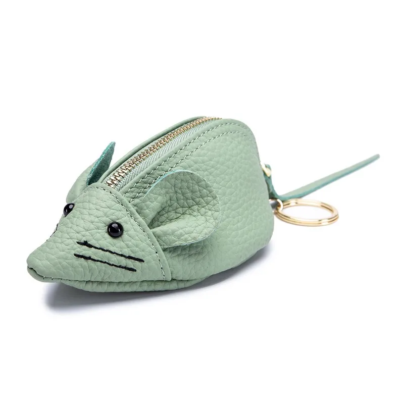 

New Genuine Leather Mouse Coin Purse with Metal Keychain, Portable Mini Zipper Small Wallet Brand Cartoon Coin Purse for Student