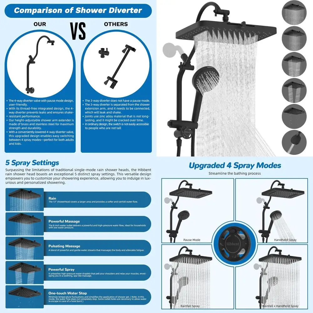 

13-inch High-Pressure Rainfall Shower Combo with 5 Sprays, 10-Mode Handheld, Metal 4-Way Diverter, 71-inch Hose & Holder, Black