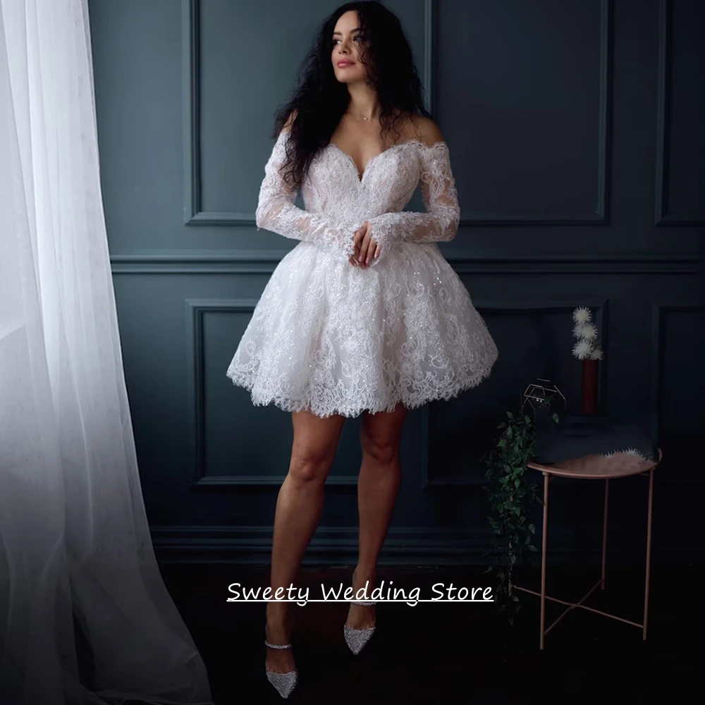 Maßgeschneidertes Spitzen-Brautkleid Luxuriöser V-Ausschnitt Lange Ärmel Perlen Pailletten Applikation A-Linie Mini-Brautkleid Robe De Mariage