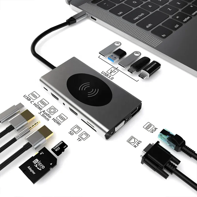 14 in 1 Multifunctional USB-C to Dual HDMI Hub with Ethernet, USB-C, USB 3.0 and Card Reader, Laptop Docking Station Adapter