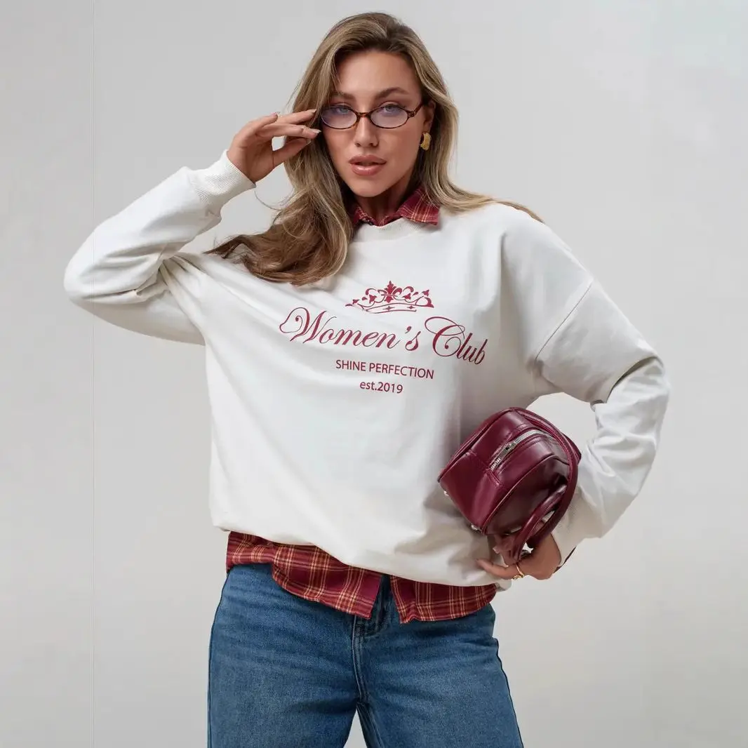 Russe élégant rétro lettres impression blanc pull col rond sweats ample surdimensionné Hip Hop Y2K haut Streetwear jeunes femmes