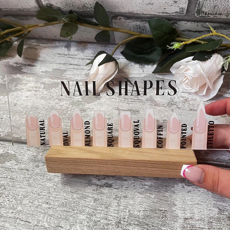 แผ่นโชว์รูปทรงเล็บอะคริลิคพร้อมฐานไม้ ปลายนิ้วหุ่นจำลอง และคู่มือรูปทรงเล็บ ป้ายศิลปะแบบคงที่สำหรับตกแต่งร้านเสริมสวย