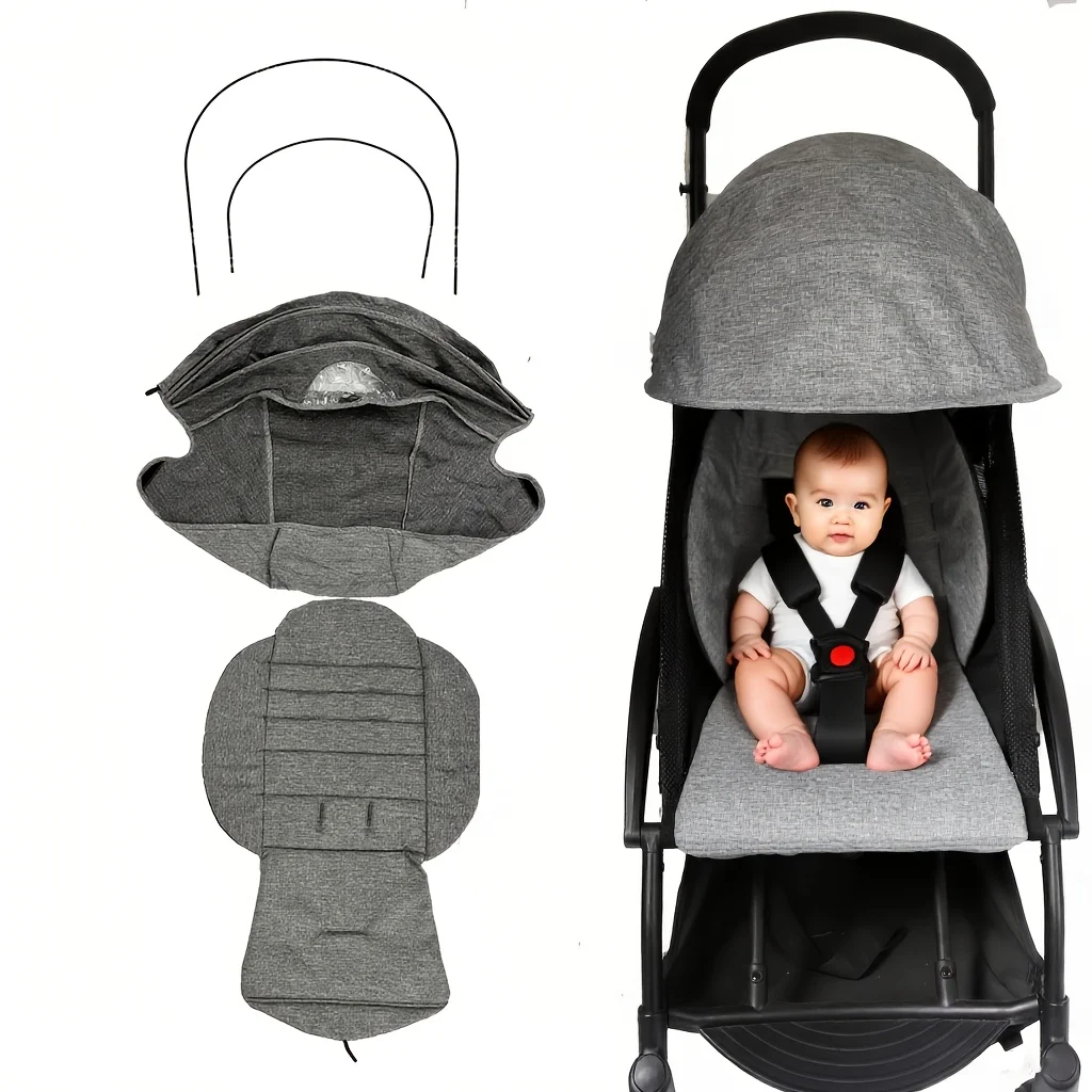 3 PCS/ SET- Baby Stroller Seat Cushion and Canopy with Iron Stent Set Compatible with Babyzen YOYO 2 and YOYO+, Pushchair Access