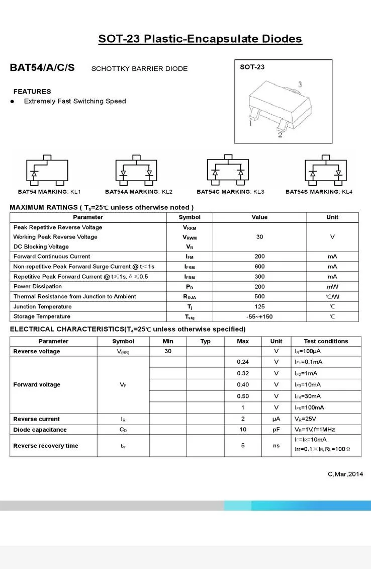 Free Shipping 100PCS BAT54 BAT54A BAT54C BAT54S 30V 200mA VF=800mV@100mA KL1 KL2 KL3 KL4 SOT-23 Schottky Barrier DIODES SBD