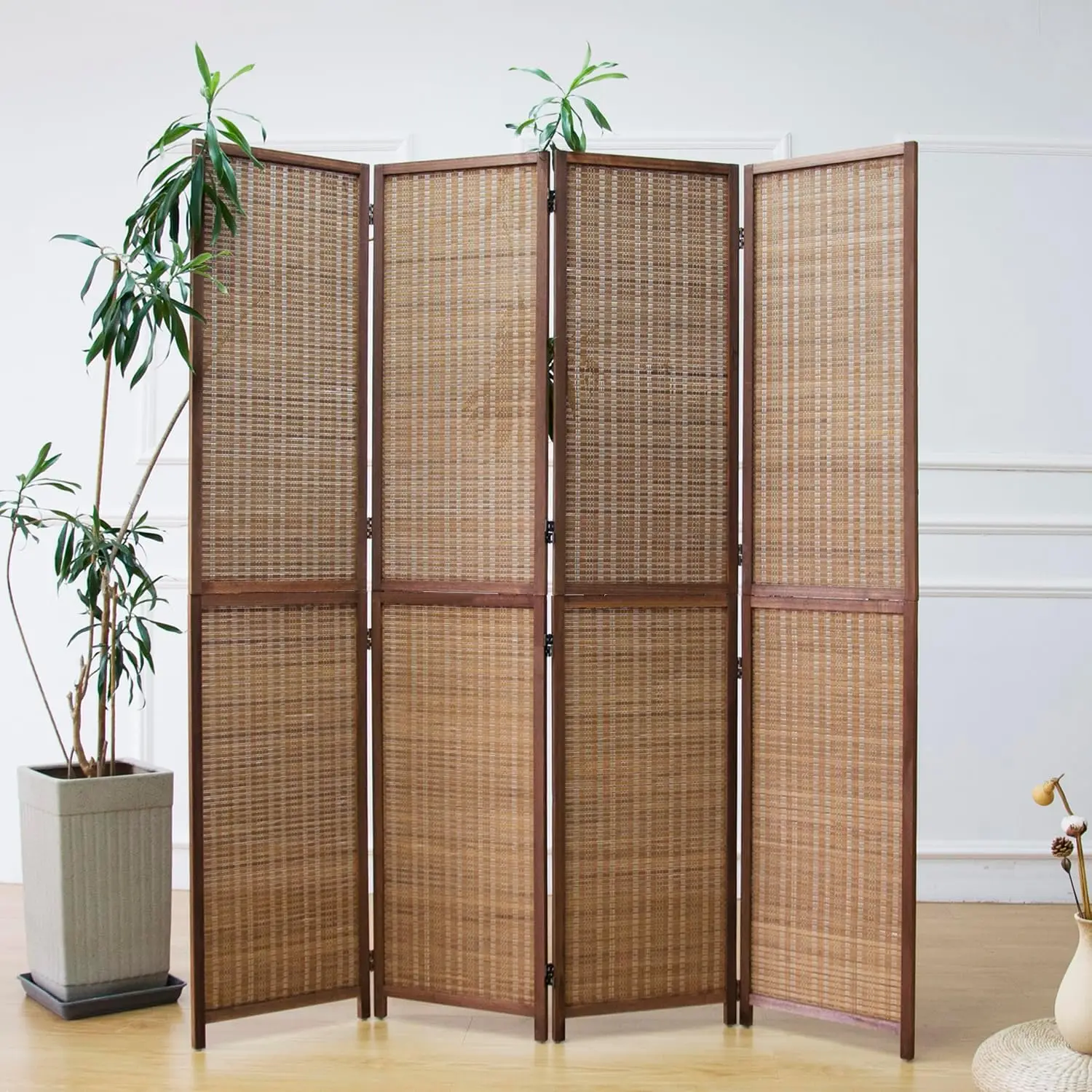 Furnnylane 4 Panel Detachable Room Divider, 5.6 ft Tall Two in One Bamboo Privacy Screen (Converts into 2 Low Dividers), Folding