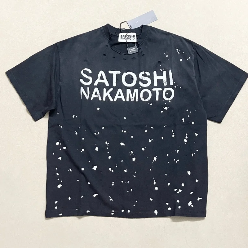 Heavyweight Cotton Men Short Sleeve T Shirt Satoshi Nakamoto Splashing ink graffiti Damaged collar Vintage Tee