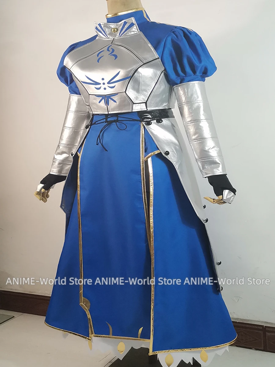 Vestido largo azul de Game Fate Stay Night Saber, disfraz de Cosplay Unisex, peluca, zapatos, uniforme, hecho a medida, cualquier tamaño