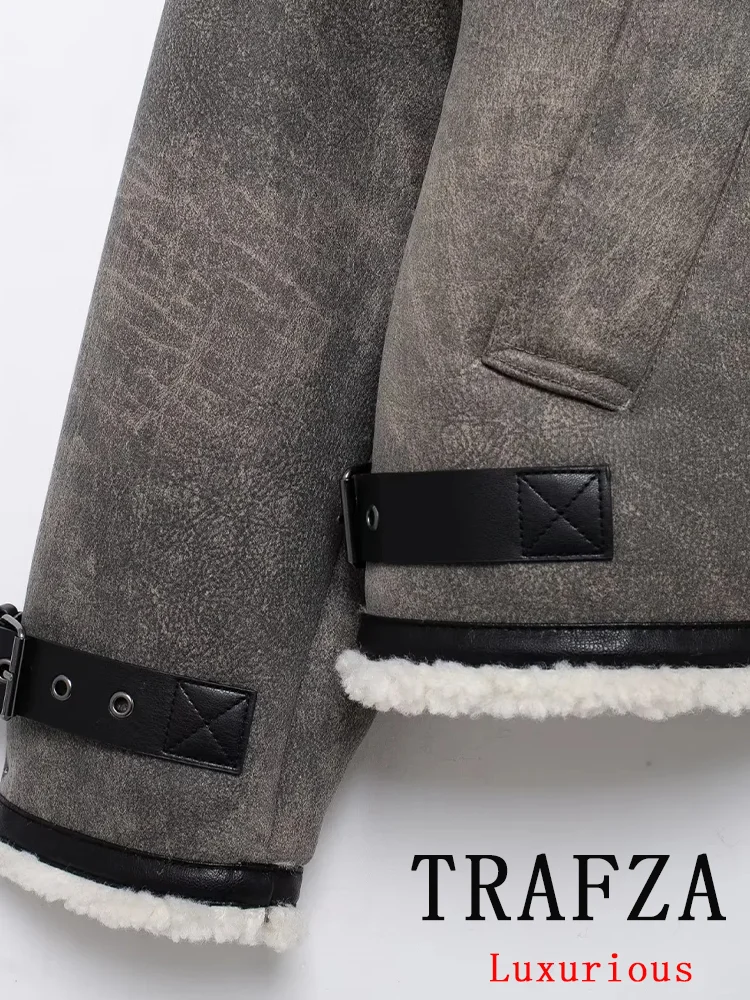 TRAFZA Vintage Chic Women Jackets Patchwork Zipper Pockets Long Sleeve Coats New Fashion 2024 Autumn Winter Office Lady Jackets