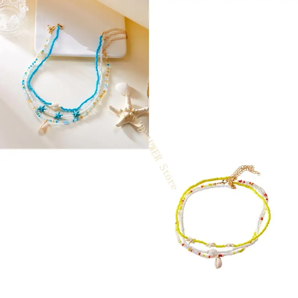 قلادة من الخرز مع السلاحف البحرية المصنوعة يدويًا شل نجمات نجمات قلادة ترقاء سلسلة مجوهرات متعددة الطبقات لقضاء العطلة D08E