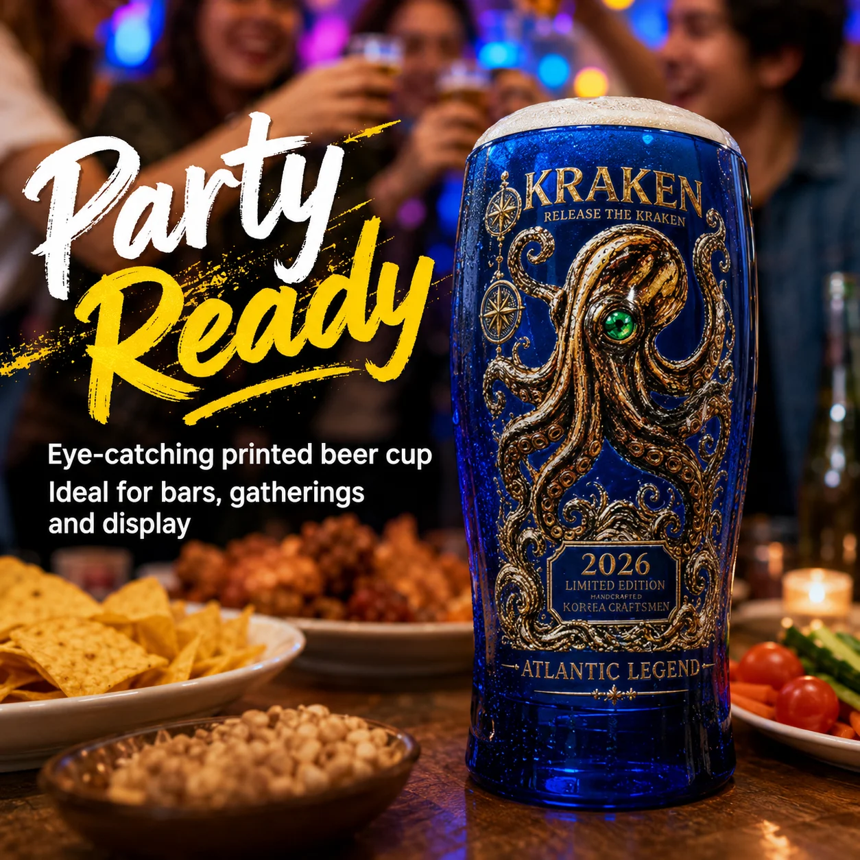 Kraken Atlantic Legend 2026 Limited Edition Glass Tumbler, Blue Deep Sea Octopus Print Bar Cup for Collectors & Bar Lovers