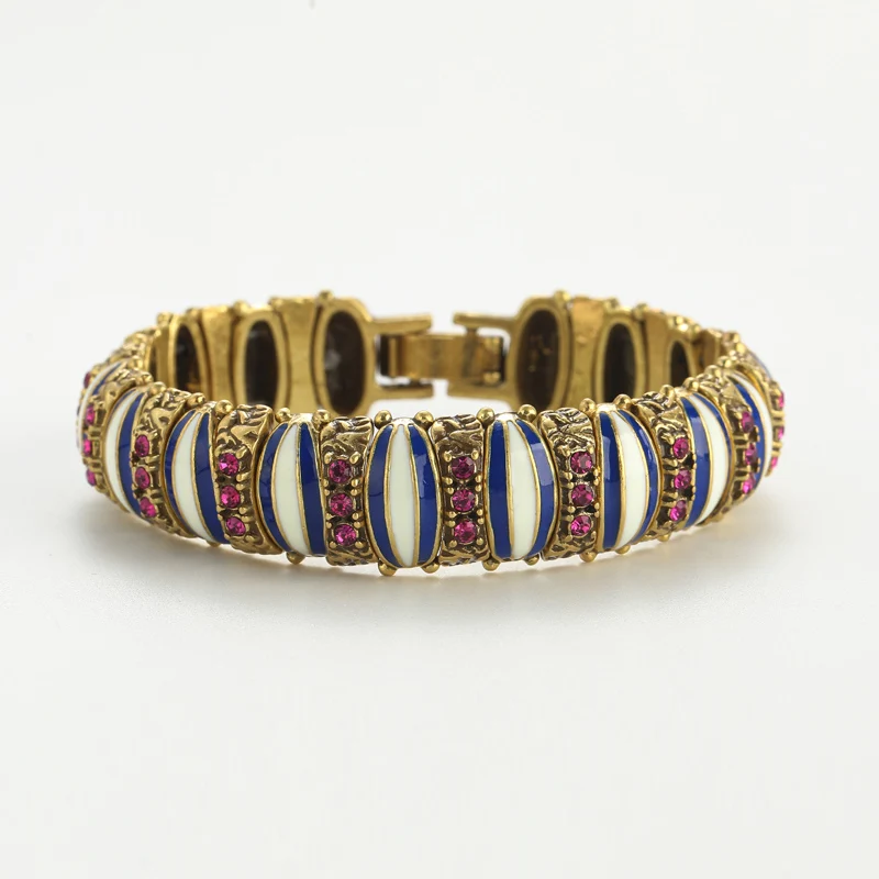 Vintage Luxury Woman Bracelet Bangles With Designer Charms Pink Rhinestone Jewelry Antique Gold Color Blue Enamel Gifts Ramadan