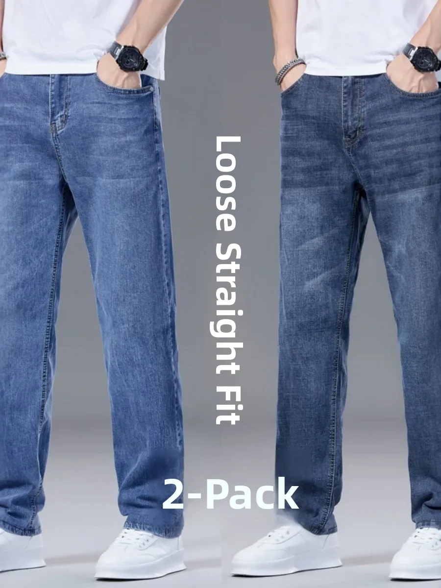 Men's Elastic Thickened Work Jeans Loose Straight Leg Casual Pants Autumn Winter Wear Resistant Business Cotton Stretch Denim