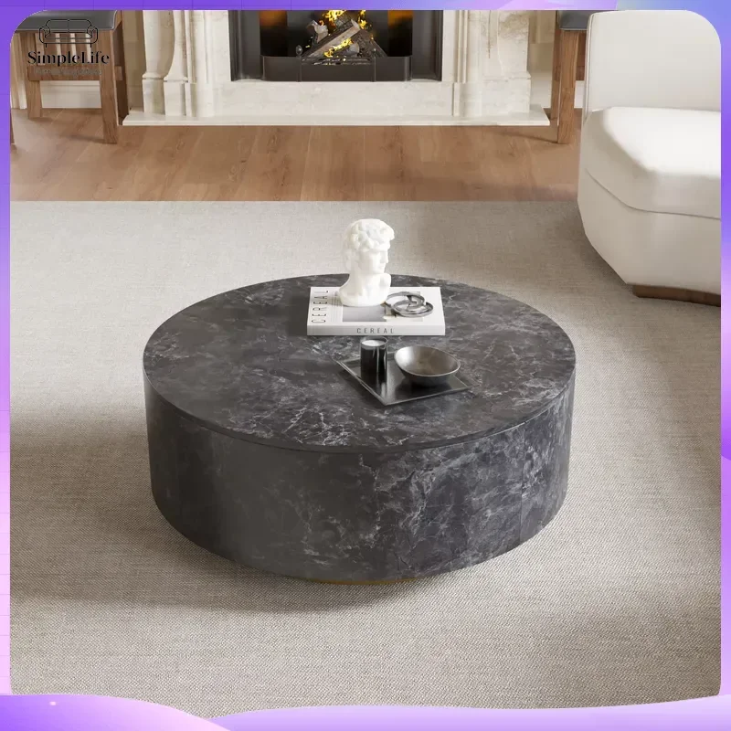 Round Marble Texture Coffee Table with Storage Space Living Room Center Table Modern Minimalist Design for Small Spaces Home