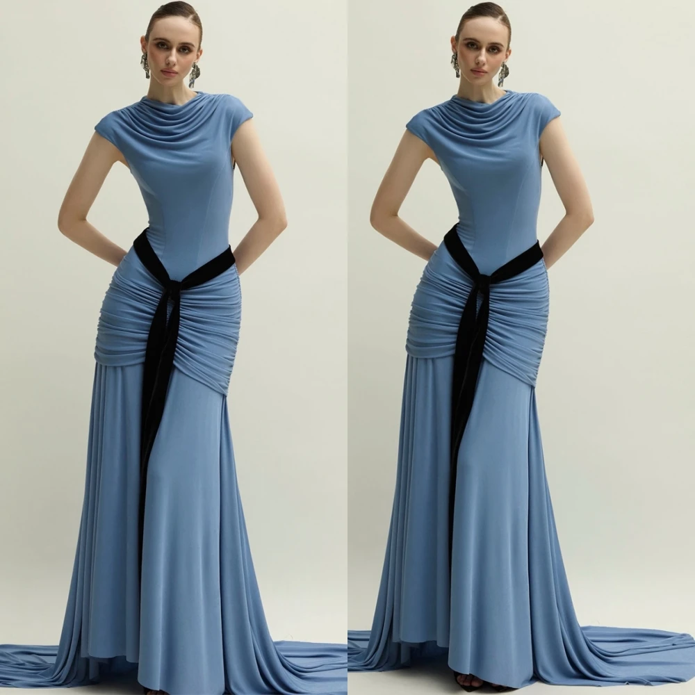 

Customized Luxury Jersey Short Sleeves Evening Dress Delicate O-Neck Prom Dresses Temperament Sweep Train Special Occasion Gowns