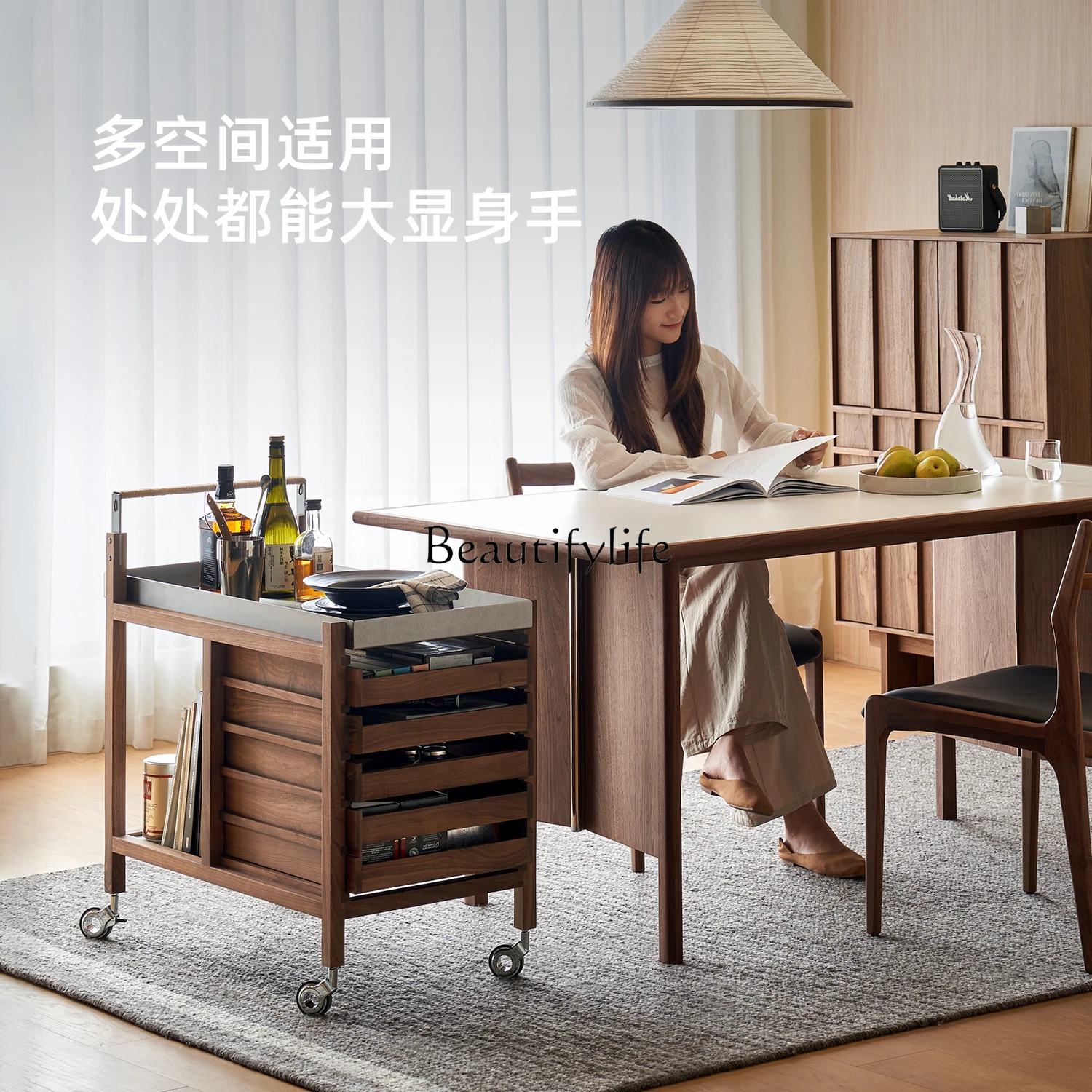 ***Mobile trolley retro black walnut solid wood home modern living room side few