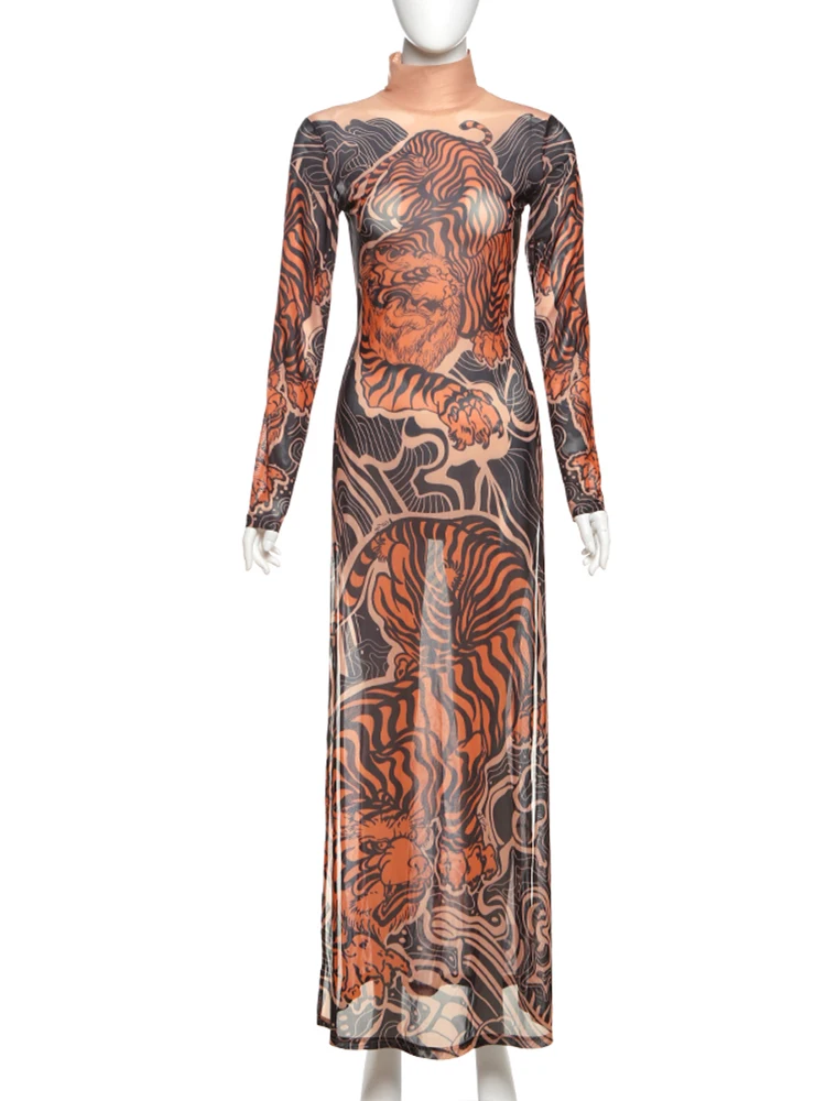 Weird Puss See Through T-Shirts Women Tiger Print Long Sleeve High Neck High Slits High Elastic Skinny Trend Street Hipster Tops