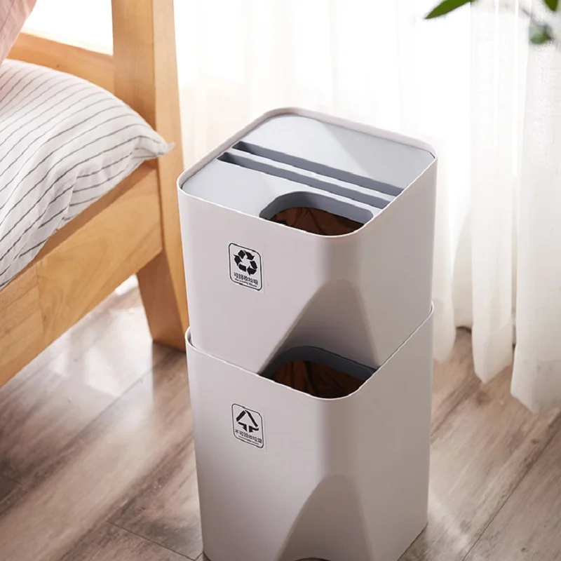 Waste Sorting Trash Can Household with Cover Living Room Kitchen Sorting Paper Basket Wet and Dry Separation Stack Plastic Trash