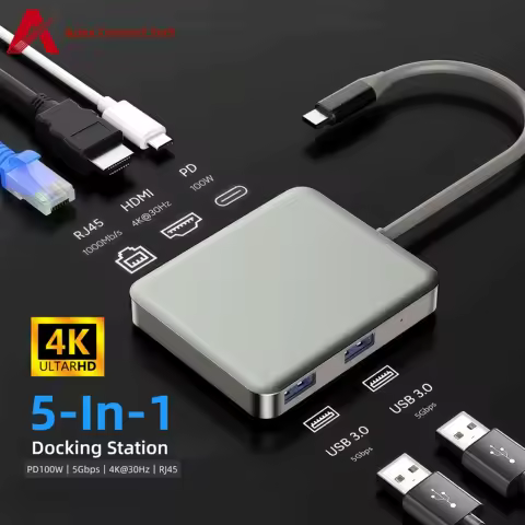 USB Hub 5 in 1 4K HDMI PD 100W RJ45 1000Mbps 5Gbps USB 3.0 Type C Splitter Adapter for MacBook Laptop Steam Deck Docking Station