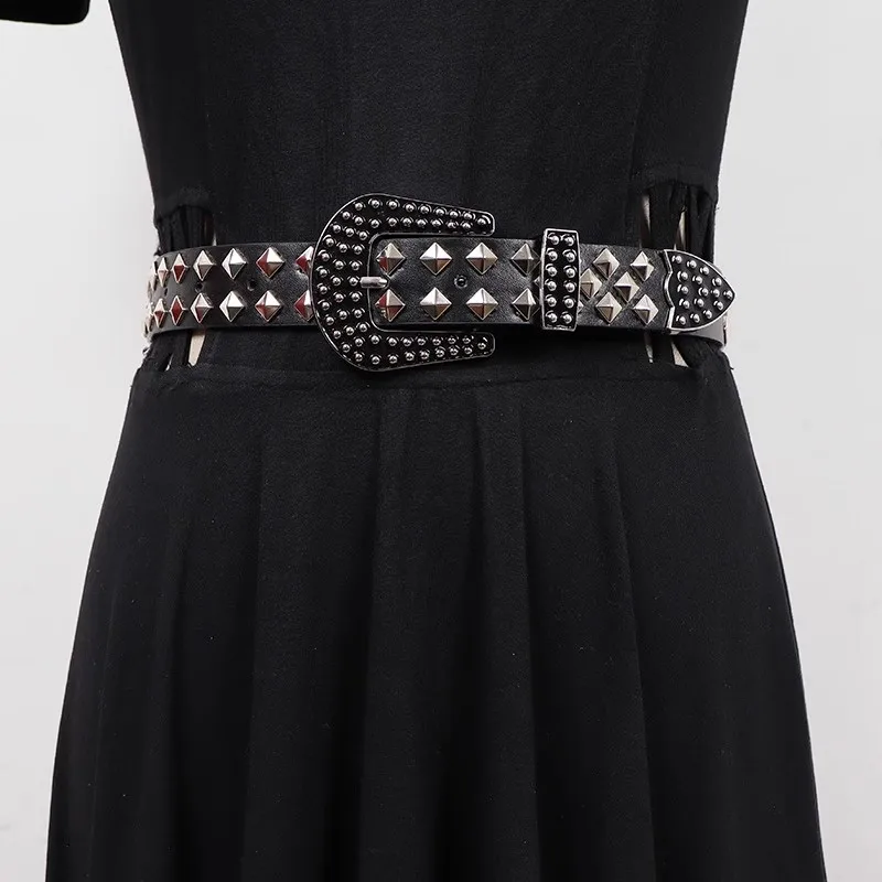 Women's PU Leather Rivet Punk Corset Female Cummerbund Coat Waistband Dress Decration Wide Belt J797