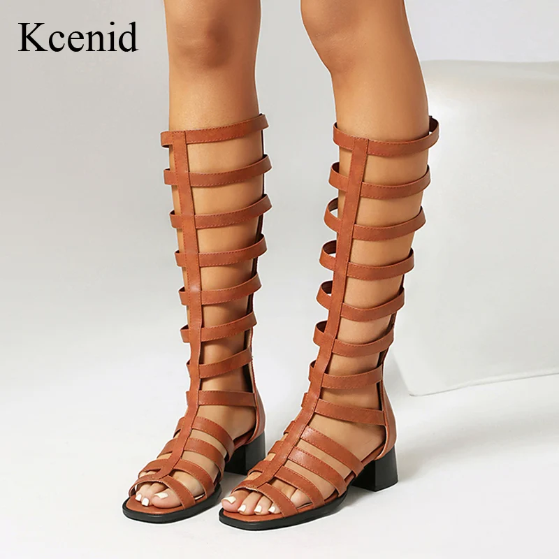 

Женские сандалии-гладиаторы Kcenid до колена, с вырезами, на среднем каблуке, летние, 2026, большие размеры до 48, пляжные, в стиле панк, повседневные, женские сандалии