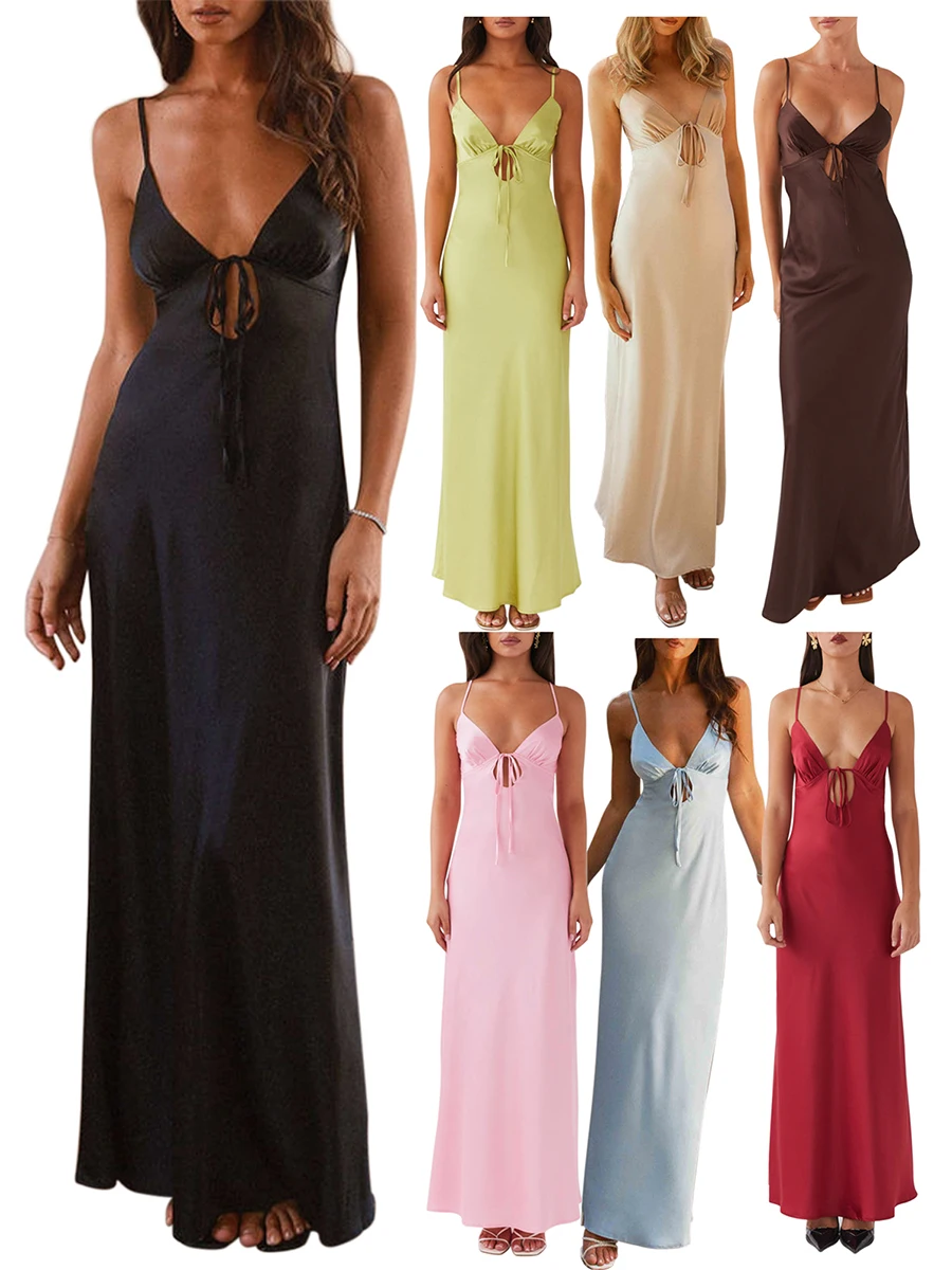 Women's Long Dress Summer Backless Cami Dress Casual Solid Color Sleeveless Tie-Up Front Slim Dress Going Out Maxi Dress