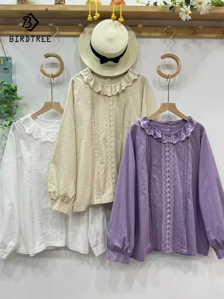 

New 2025 Autumn Cotton Linen Long Sleeve Shirt, Women Ruffled Lace Patchwork, Mori Girl Chic Age Reduction Loose Blouse T58548CC