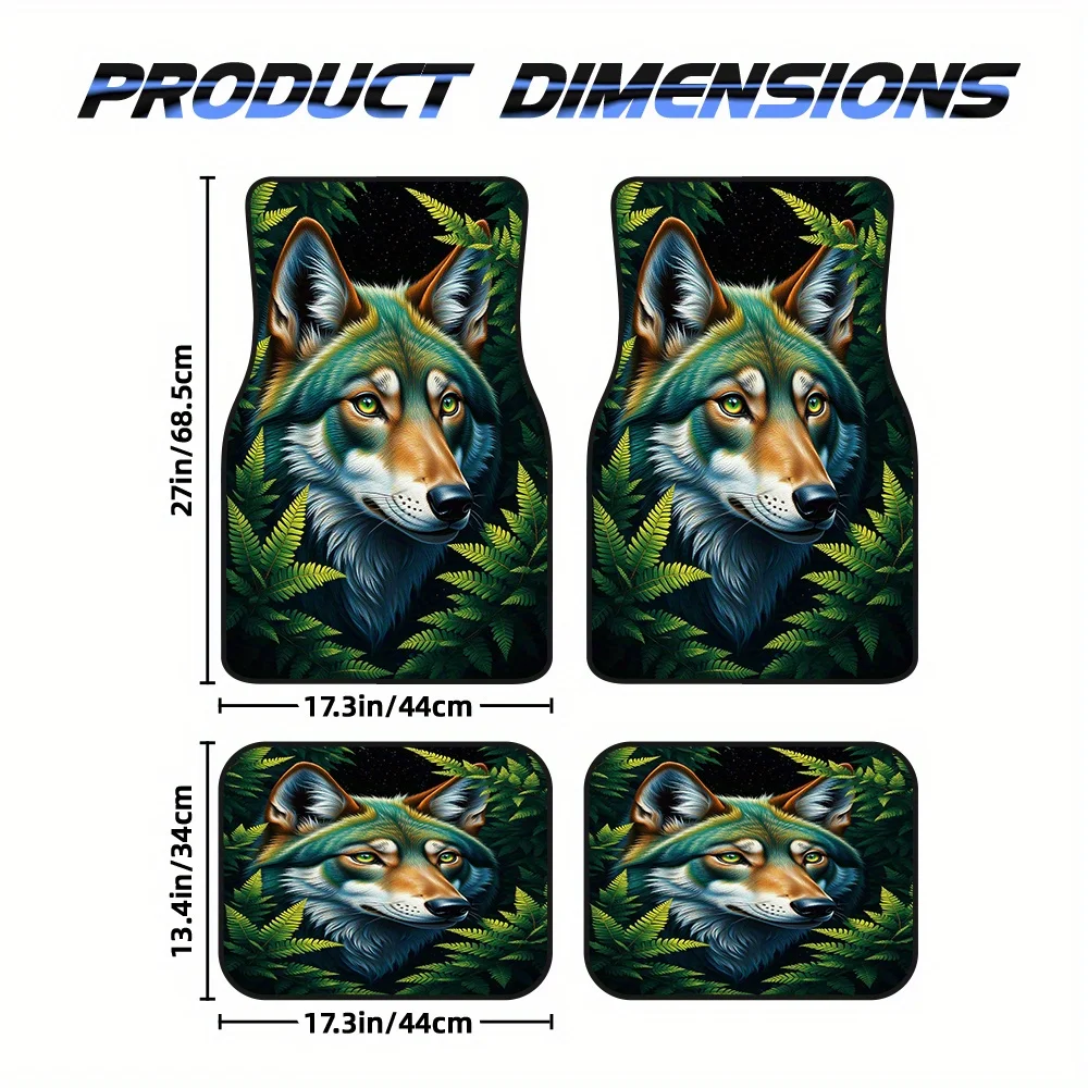 4pcs Vehicle Floor Mats Presenting Green Wolf Fern Forest Motif, Suitable For Minivans Or Crossovers, Offering Cleaning-Friendly
