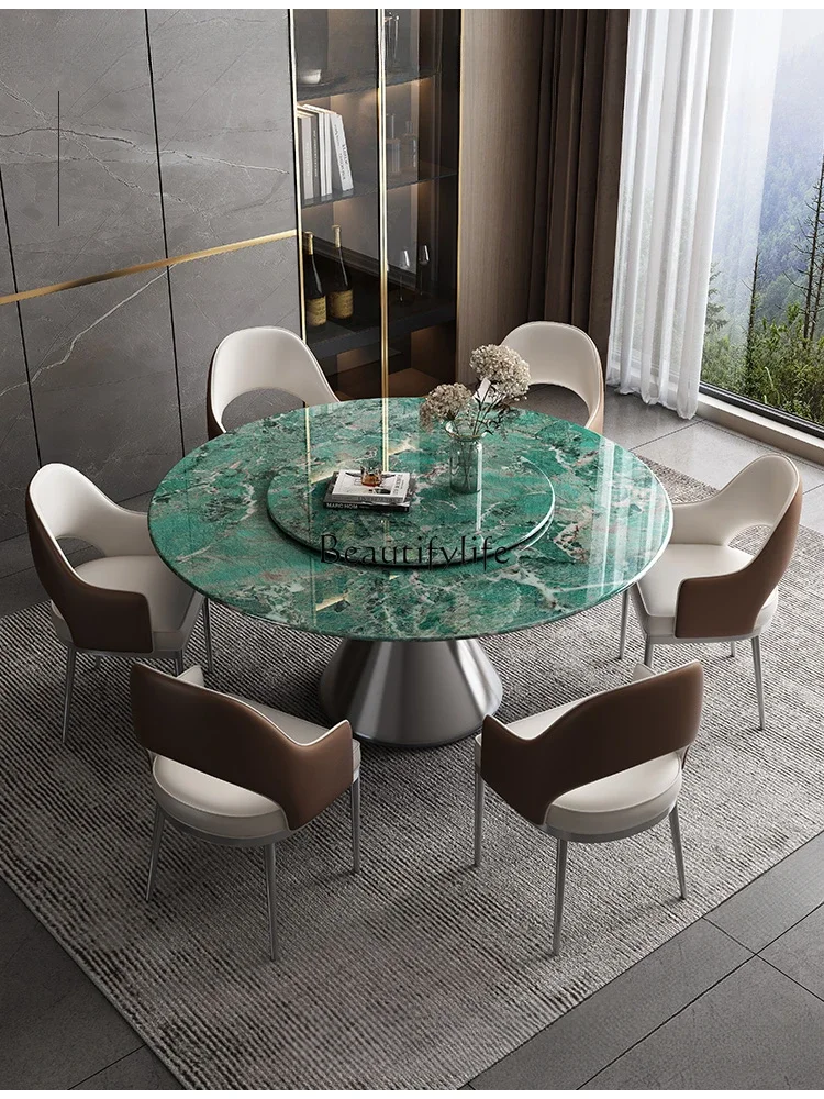 Italian light luxury blue jadeite supercrystalline stone dining table round with turntable marble