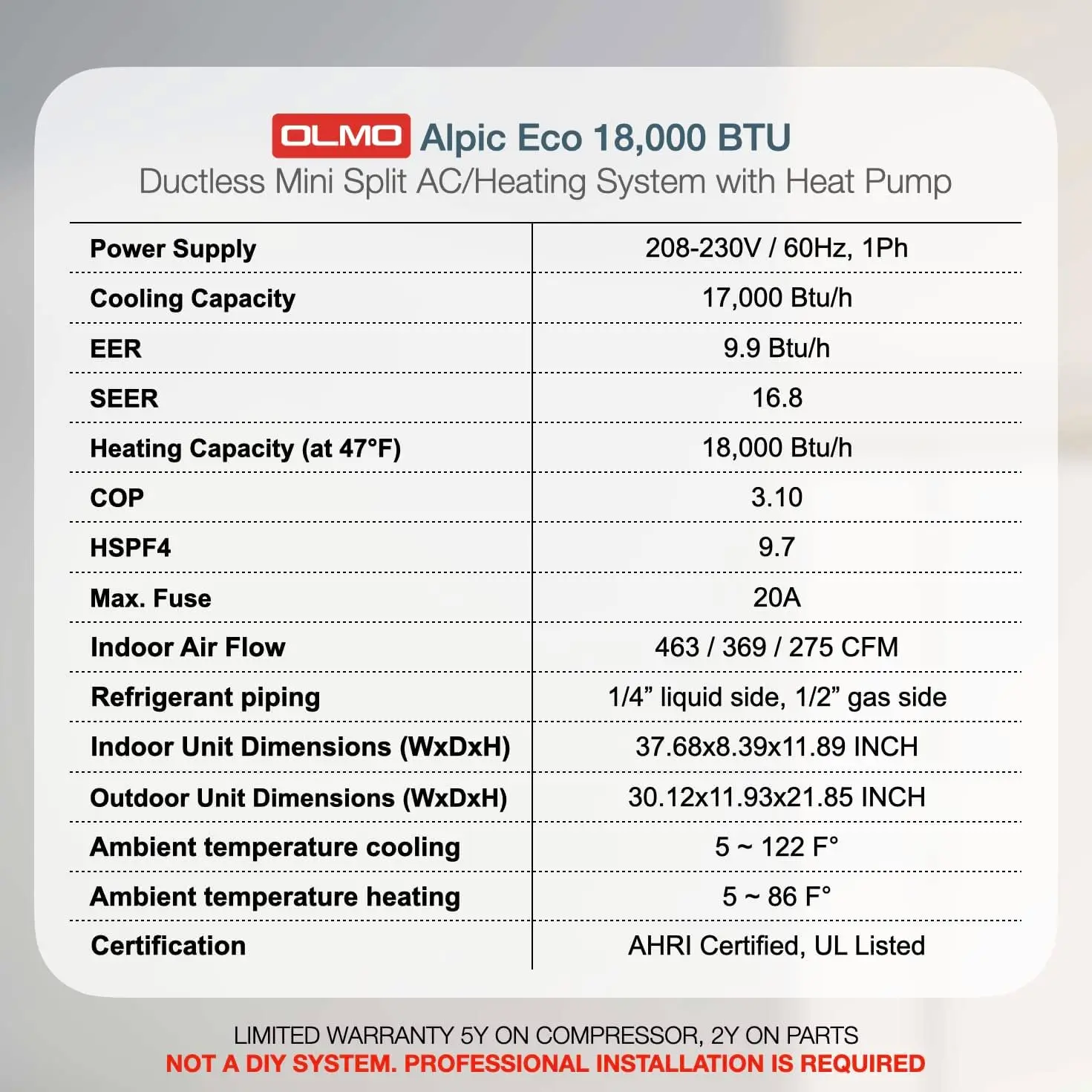 L'hyMO-Climatiseur Mini Split sans conduit Alpic, chauffage et refroidissement, ensemble complet, kit d'installation de 16 pieds, 18000 BTU