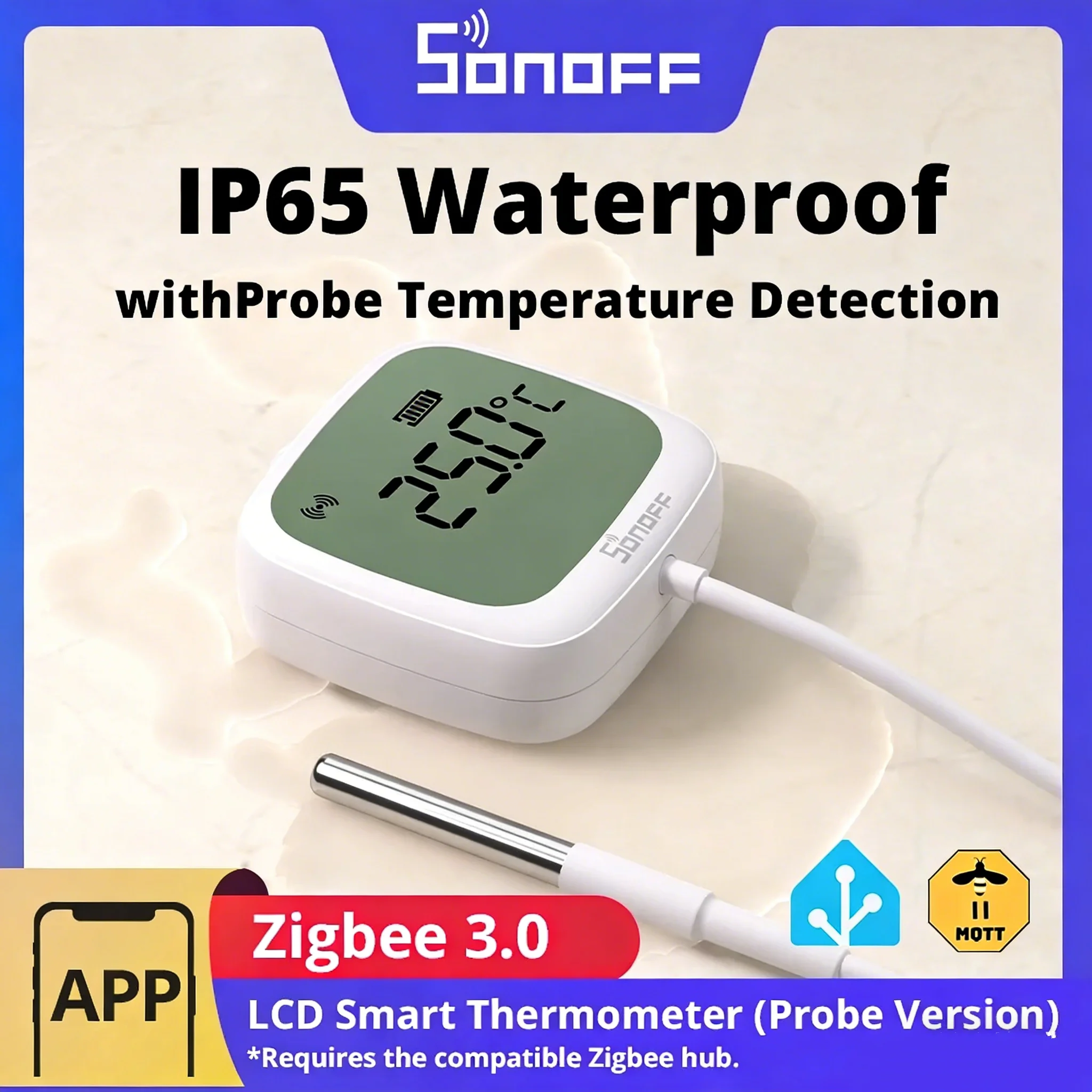 

SONOFF SNZB-02LD IP65 Zigbee LCD Smart Thermometer With Probe Detect Pool Bathtub Fridge Freezer Liquid Temperature Measurement
