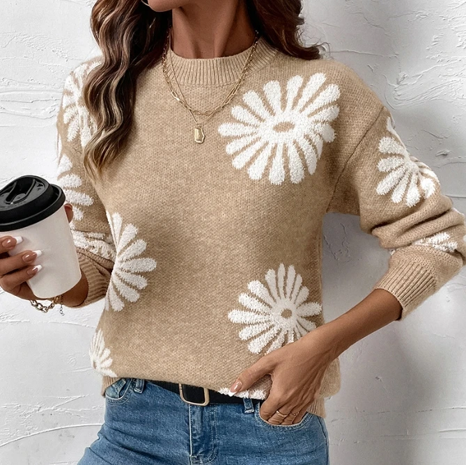 Winter Long Sleeved Round Neck Flower Casual Knitted Sweater for Women Winter Clothes Woman Fashion 2025 Pullover Women