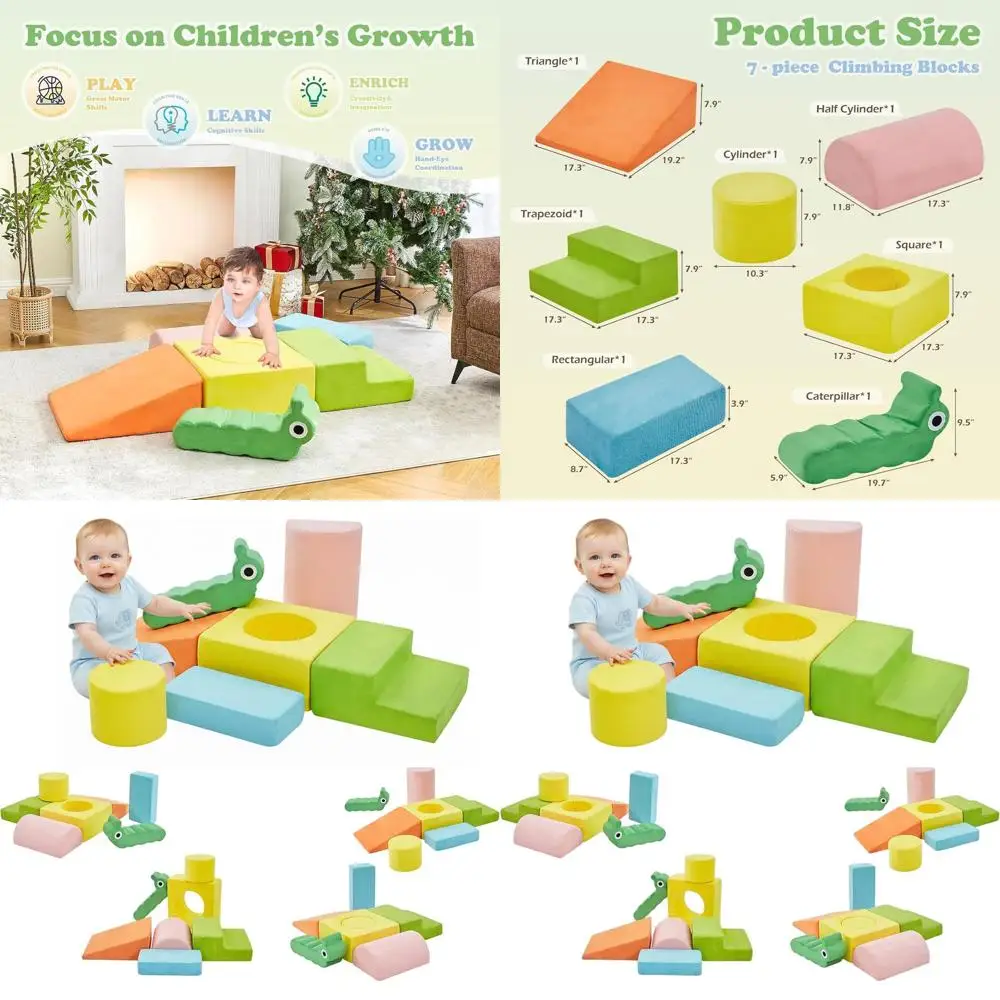 Indoor Soft Foam Climbing Blocks Set for Toddlers: 7-Piece Play Gym for Baby Crawling, Climbing, and Sliding