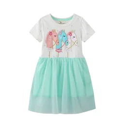 Jumping Meters  2-7T Princess Girls Dresses Horse Embroidery Short Sleeve Kids Clothing Hot Selling Mesh Skirt Toddler Costume