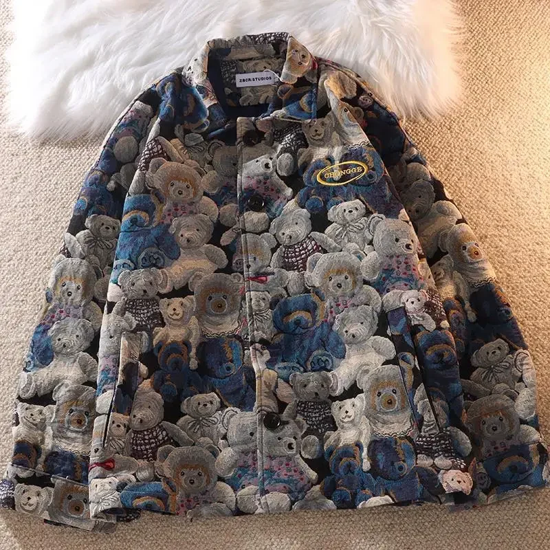 New 2025 Bear Print Y2k Jacket Women Spring Autumn Loose Design POLO Collar Couple Baseball Jackets Female