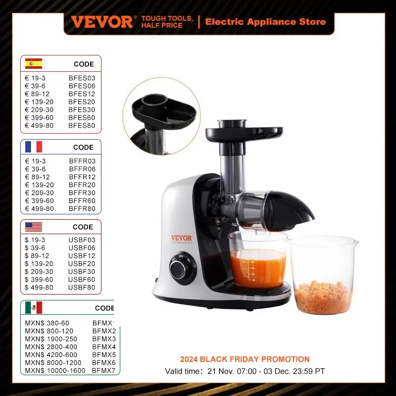 

VEVOR Slow Masticating Juicer Cold Press with Reverse Function Quiet Motor Easy to Clean for High Nutrient Fruits Vegetables