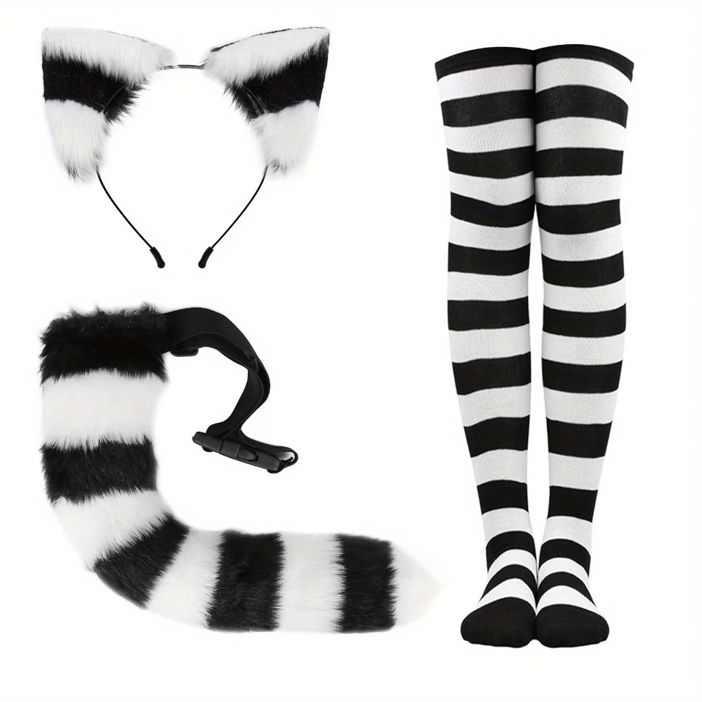 

2025 Japanese Style Striped Cat Ear & Tail Set with Thigh-High Socks - Cute Cosplay Accessories for Halloween Parties