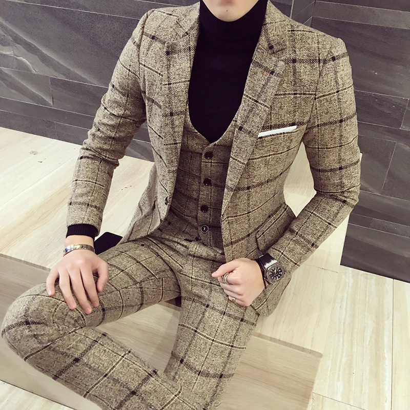 (Jackets+Vest+Pants) 2022 Men plaid business Blazers/Male slim fit pure cotton three-piece suit/Man plaid groom dress M-5XL