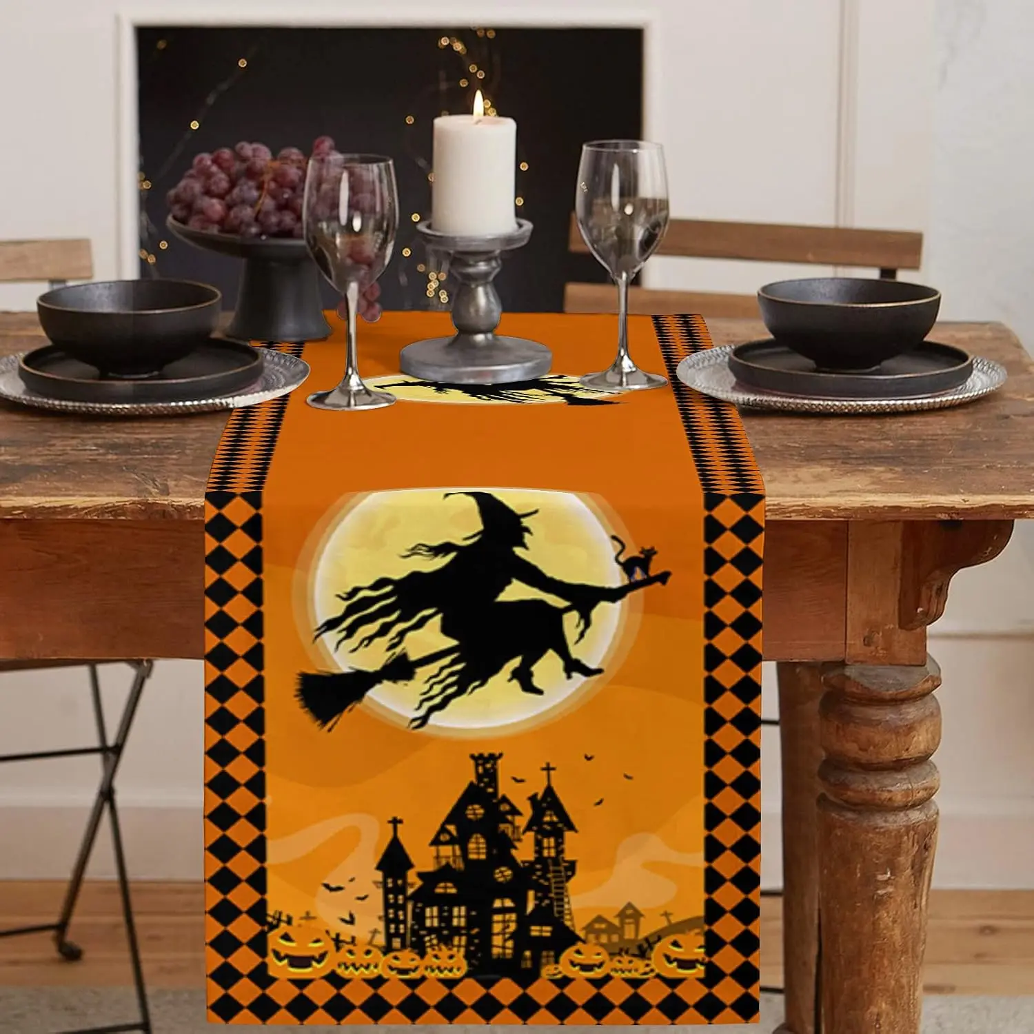 Halloween Castle Witch and Moon Plaid Orange Linen Linen Table Runners Holiday Party Decorations Durable Dining Table Runners