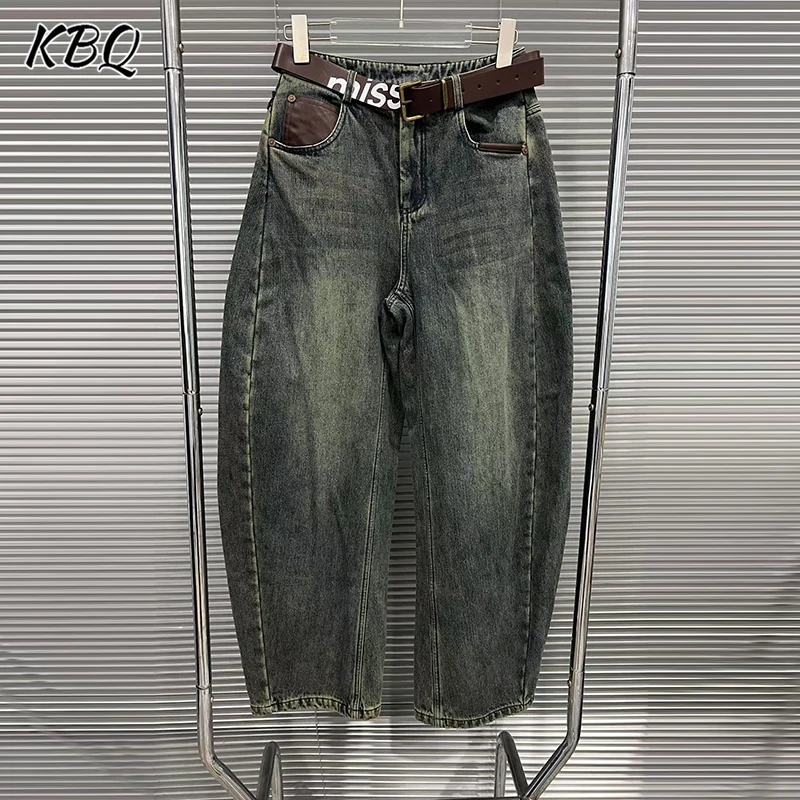 KBQ موضة نمط تقسم أحزمة فضفاضة شيك السراويل للنساء عالية الخصر المرقعة جيوب شيك بنطلون أنثى الاسلوب المناسب الشتاء