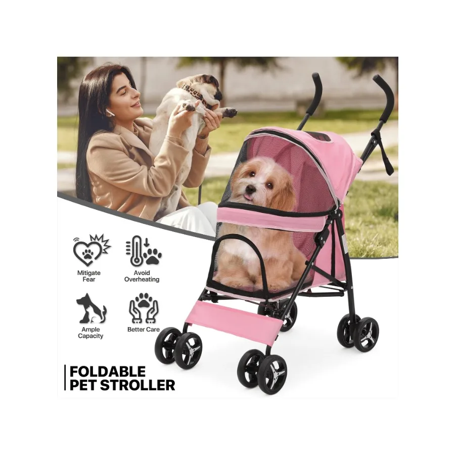 【New style】MoNiBloom 4 Wheels Dog Stroller, Easy-Fold Puppy Cage Jogger Stroller With Sun Cover, Pad And Rear Storage Bag, Brea