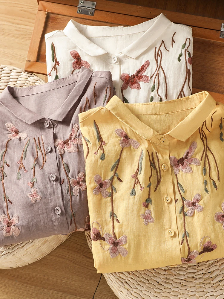 

New Chinese Style Artistic Embroidered Button up Women's Shirt Summer Slim Fit Breathable Cotton Linen Blend Neck